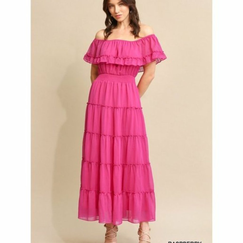 Off-Shoulder Raspberry Pink Maxi Dress